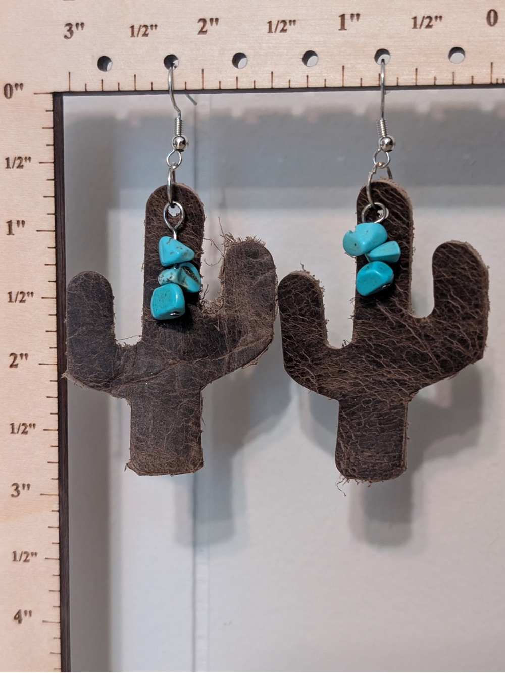 Turquoise Chip Cactus Leather Earrings Handmade